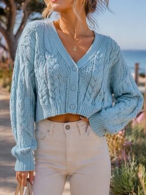 NWT Kuwalla Blue Cable Knit Cropped Cardigan Button Front Preppy Coastal